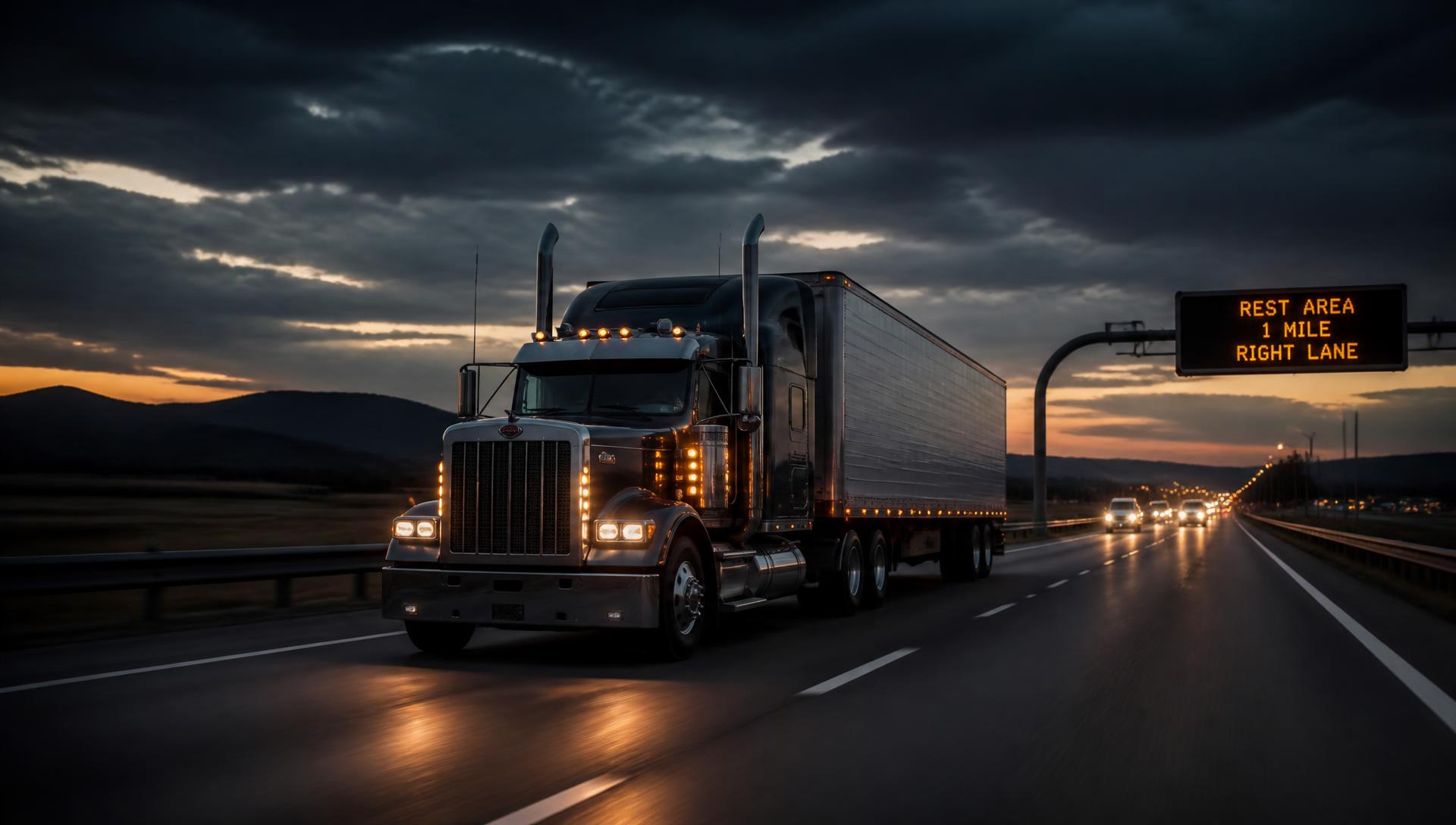 Transport truck driving a highway at dusk under amber highway signage